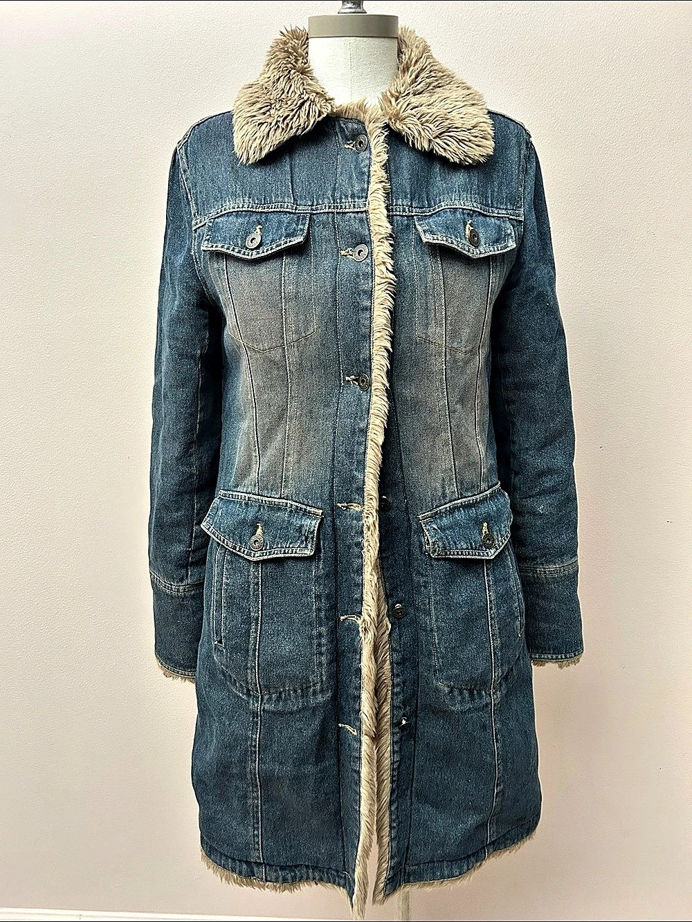 VTG Charles Klein Faux Fur Lined Long Denim Coat Size Medium